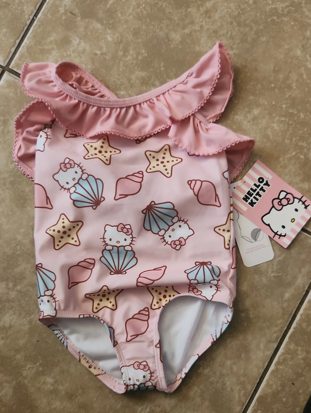 Hello Kitty Pink Shell-Print Ruffle Swimsuit - Picture 1 of 3